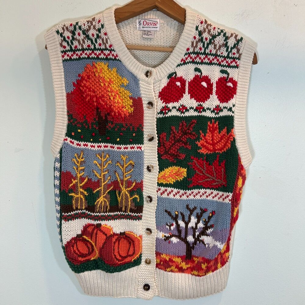 Orvis Harvest Fall Pumpkin Holiday Sweater Vest Cotton Size Medium - Picture 13 of 13